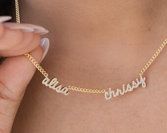 Sterling Multiple Name Necklace Curb Chain | Custom Script Couple Family Mom Necklaces | Personalized Gift