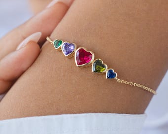 Five Heart Birthstone Bracelet, Personalized Charm in Sterling Silver