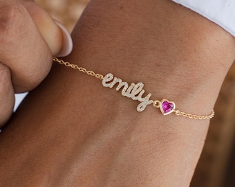 Custom Name Bracelet Cable Chain | Heart Birthstone Charm | Personalized Script Jewelry Gift for Her