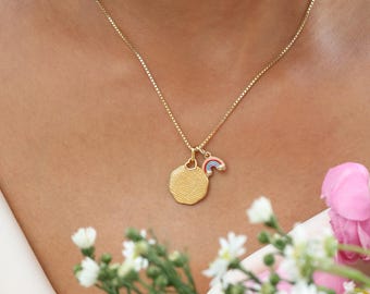 Heart Fingerprint Necklace With Rainbow Charm | Sympathy Memorial Gift | Sterling Silver | Actual Thumbprint | Grief Keepsake Jewelry