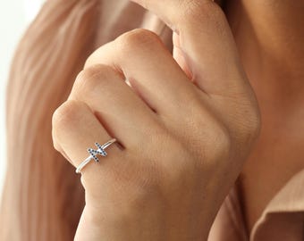 Custom Initial Birthstone Ring | Pave Letter Monogram | Sterling Silver | Minimalist Stacking Best Friend Gift