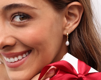 Minimalist Teardrop Pearl Hoop Dangle Earrings By CodeBlue Jewelry - Christmas Gifts