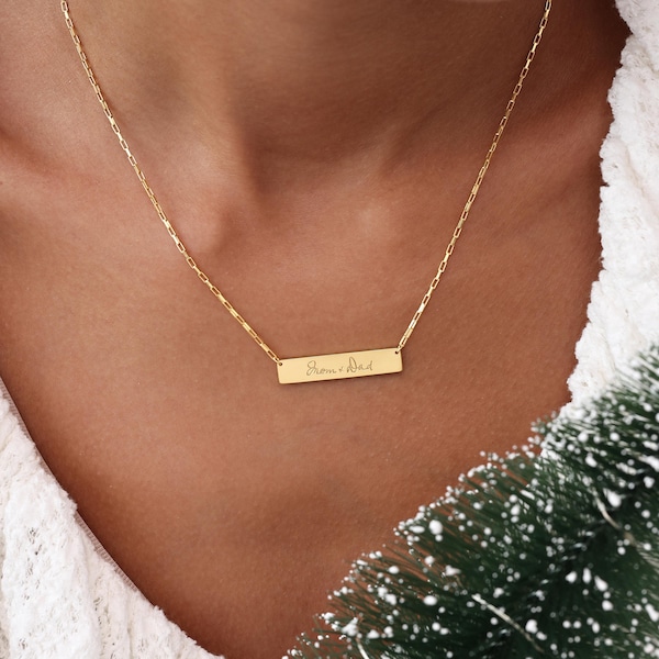 Horizontal Handwriting Bar Necklace | Actual Handwritings Necklaces | Handwritten Jewelry | Mother's Day | Christmas Gifts