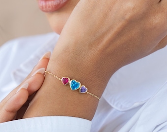 Birthstone Bracelet with Three Heart Stones, Custom Family Jewelry in Sterling Silver