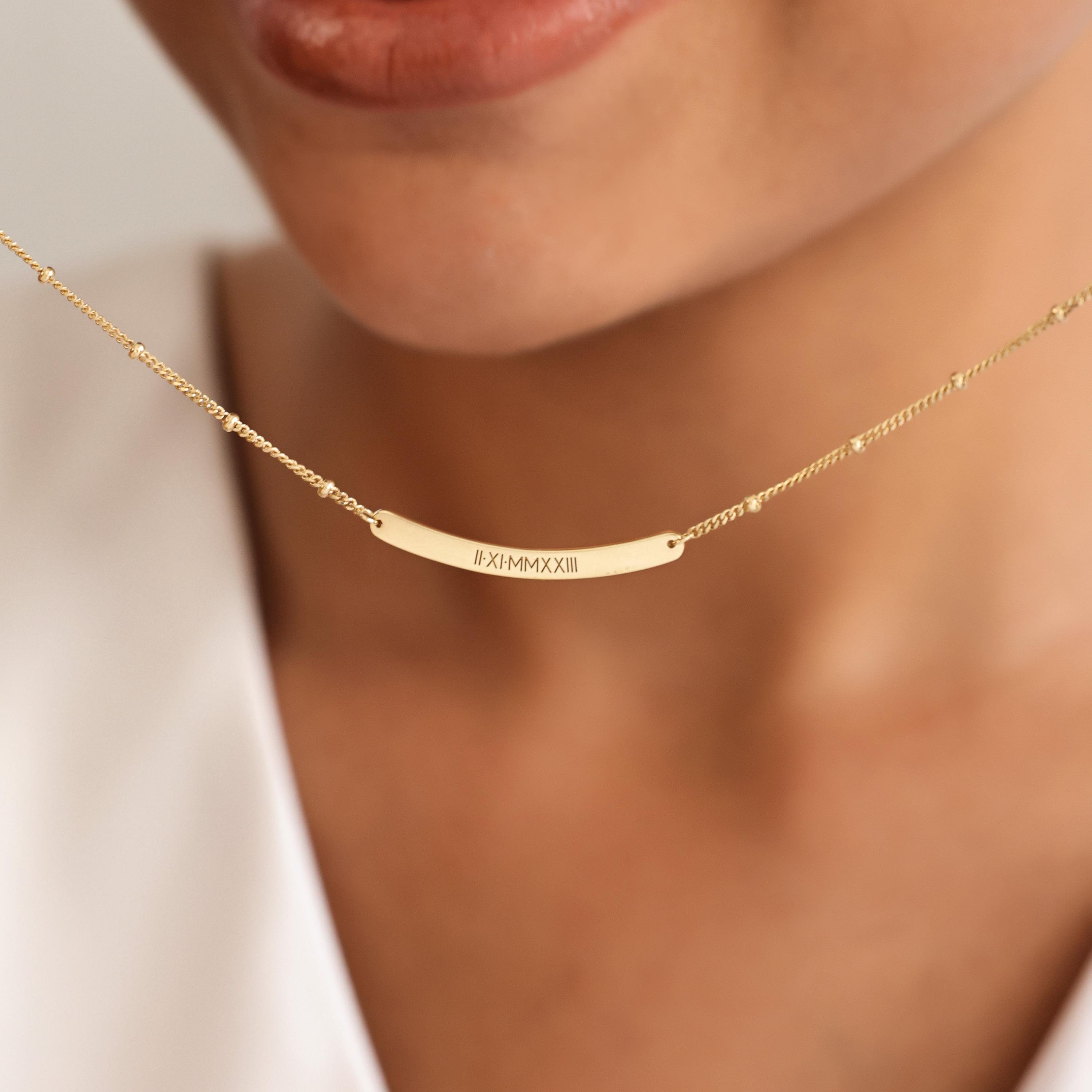 Custom Coordinates Curved Bar Necklace | Skinny Curve Bar Necklace with Ball Chain | Name Tag Jewelry| Personalized Graduation Gift