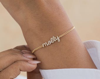 Personalized Páve Name Bracelet With Curb Chain | Custom Script Name Jewelry | Gift for Her