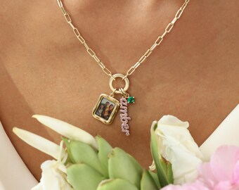 Personalized Clip-On Charm Necklace, Custom Multi Charm Necklace, Photo Pendant Necklace, Name and Birthstone Charm Jewelry, Gift for Her
