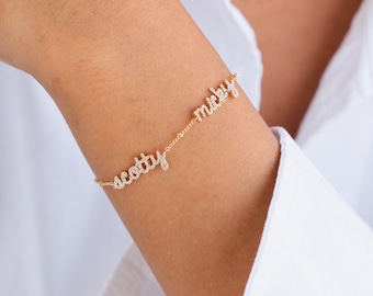 Personalized Family Name Bracelet with Ball Chain | White CZ Stones | Custom Multi Name Mom Jewelry Gift