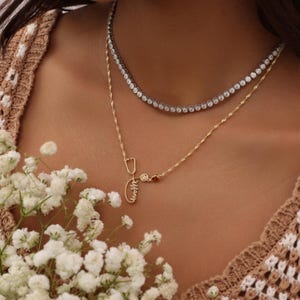 May include: A gold-colored necklace with a stethoscope pendant and the name "Tiffany" in cursive script. The necklace is layered with a second necklace featuring small, clear stones. The image shows a close-up of the necklaces.