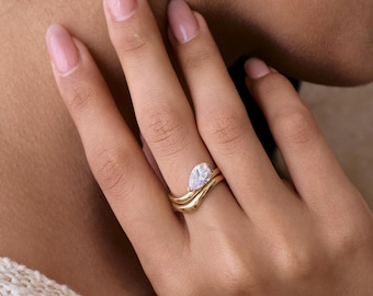 Custom Pear & Curve Band Ring Set – Mixed Minimalist Stackable Jewelry - Personalized Engraving