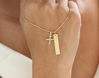 Vertical Fingerprint Bar Necklace With Cross Charm | Actual Fingerprint Necklace | Memorial Jewelry | Mother's Day | Christmas Gifts