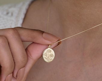 Oval Birth Flower Necklace | Gift for Mom | Sterling Silver Custom Birth Month Floral Pendant Jewelry Gift Her
