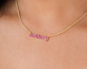 Pavé CZ Nameplate Necklace with Curb Chain | Gift for Daughter | 14K Gold Vermeil | Custom Name Bar Sparkle Jewelry for Teen