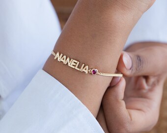 Custom Name Bracelet with Heart Birthstone Charm | Personalized Block Jewelry