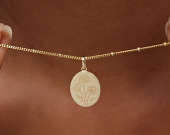Sterling Silver Oval Birth Flower Necklace | Gift for Her | Birth Month Floral Pendant | Personalized Birthday Jewelry