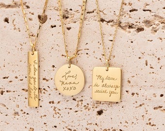 Actual Handwriting Necklace | Bar - Circle - Rectangle Necklaces | Handwritten Jewelry | Mother's Day | Christmas Gifts