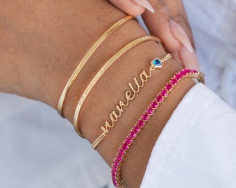 Custom Name Bracelet with Heart Birthstone Charm | Personalized Script Jewelry