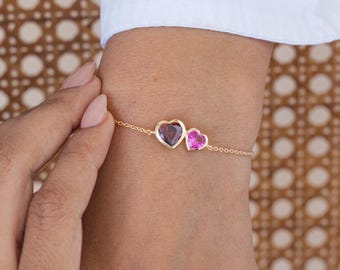 Birthstone Bracelet | Double Heart Personalized Jewelry in Sterling Silver