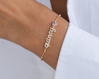 Custom Name Bracelet Ball Chain | Heart Birthstone Charm | Personalized Script Jewelry Gifts for Her