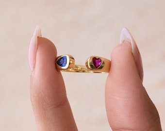 Signet Pear & Heart Ring – Personalized Engraved Band Two Gemstone Minimalist Jewelry Mother Day Gift