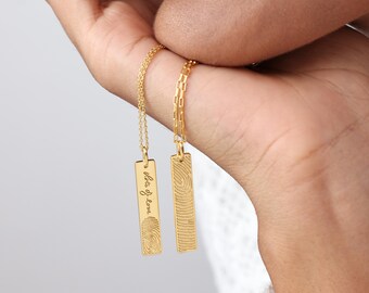 Personalized Fingerprint Bar Necklace: Sterling Silver Handwriting Charm- Memorial Gifts