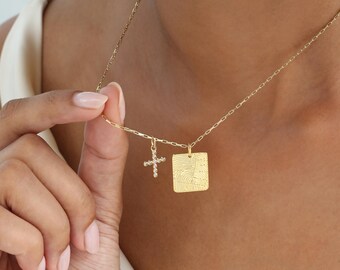 Rectangle Fingerprint Necklace With Cross Charm | Actual Fingerprint Necklaces | Loved print Jewelries | Mother's Day | Christmas Gifts