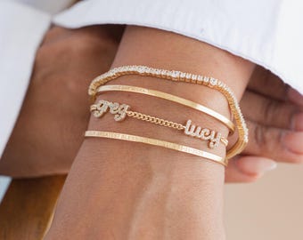 Dainty Family Name Bracelet Curb Chain | White CZ Stones | Custom Multi Name Couple Bracelet
