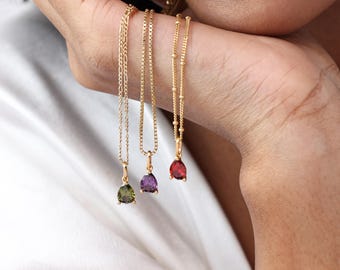 Teardrop Birthstone Necklace | Sterling Silver | Custom Pear Gemstone Pendant | Gift for Her | Keepsake Jewelry