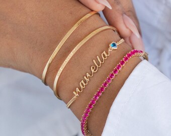 Custom Name Bracelet with Heart Birthstone Charm | Personalized Script Jewelry