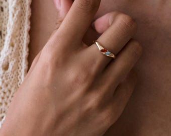 Birthstone Ring for Mom | Mother's Day Gift | 14K Gold Vermeil | Three Marquise Gemstone Ring | Family Birthstone Jewelry