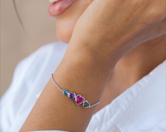 Four Heart Family Birthstone Bracelet | Mother's Day Gifts | Sterling Silver
