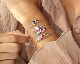 Custom Heart Birthstone Bracelet, Personalized Charm in Sterling Silver