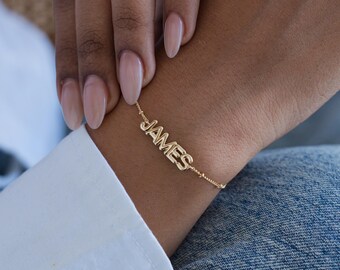Custom Name Bracelet with Ball Chain - Personalized Block Jewelry for Women