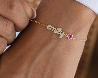 Custom Name Bracelet Cable Chain | Heart Birthstone Charm | Personalized Script Jewelry Gift for Her