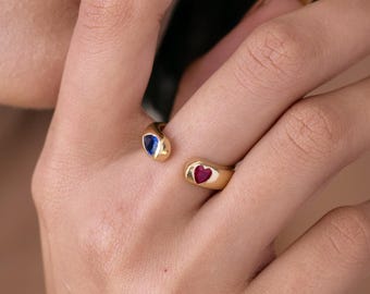 Signet Pear & Heart Ring – Personalized Engraved Band Two Gemstone Minimalist Jewelry Mother Day Gift