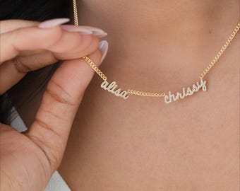 Sterling Multiple Name Necklace Curb Chain | Custom Script Couple Family Mom Necklaces | Personalized Gift