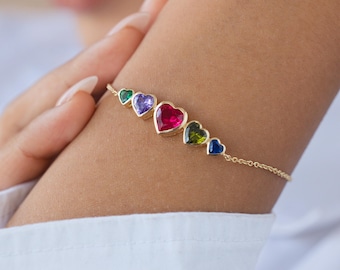 Five Heart Birthstone Bracelet, Personalized Charm in Sterling Silver
