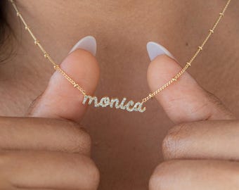 Sparkle Pavé CZ Nameplate Necklace with Ball Chain | Custom Name Bar for Teen Girls