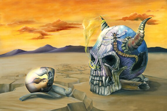 art canvas print A0 or 150cm Massive salvador dali style painting wall decor large size Surrealism Expressionism skull dragon fly horns
