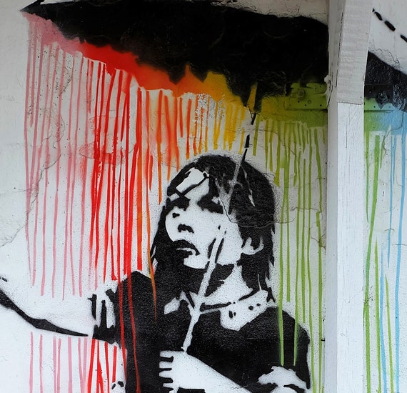 Banksy Rainbow Rain Girl Umbrella Wall Street Art Oil Painting Urban Custom Graffiti Stencil Spray Canvas By Pepe Australia Choose Size