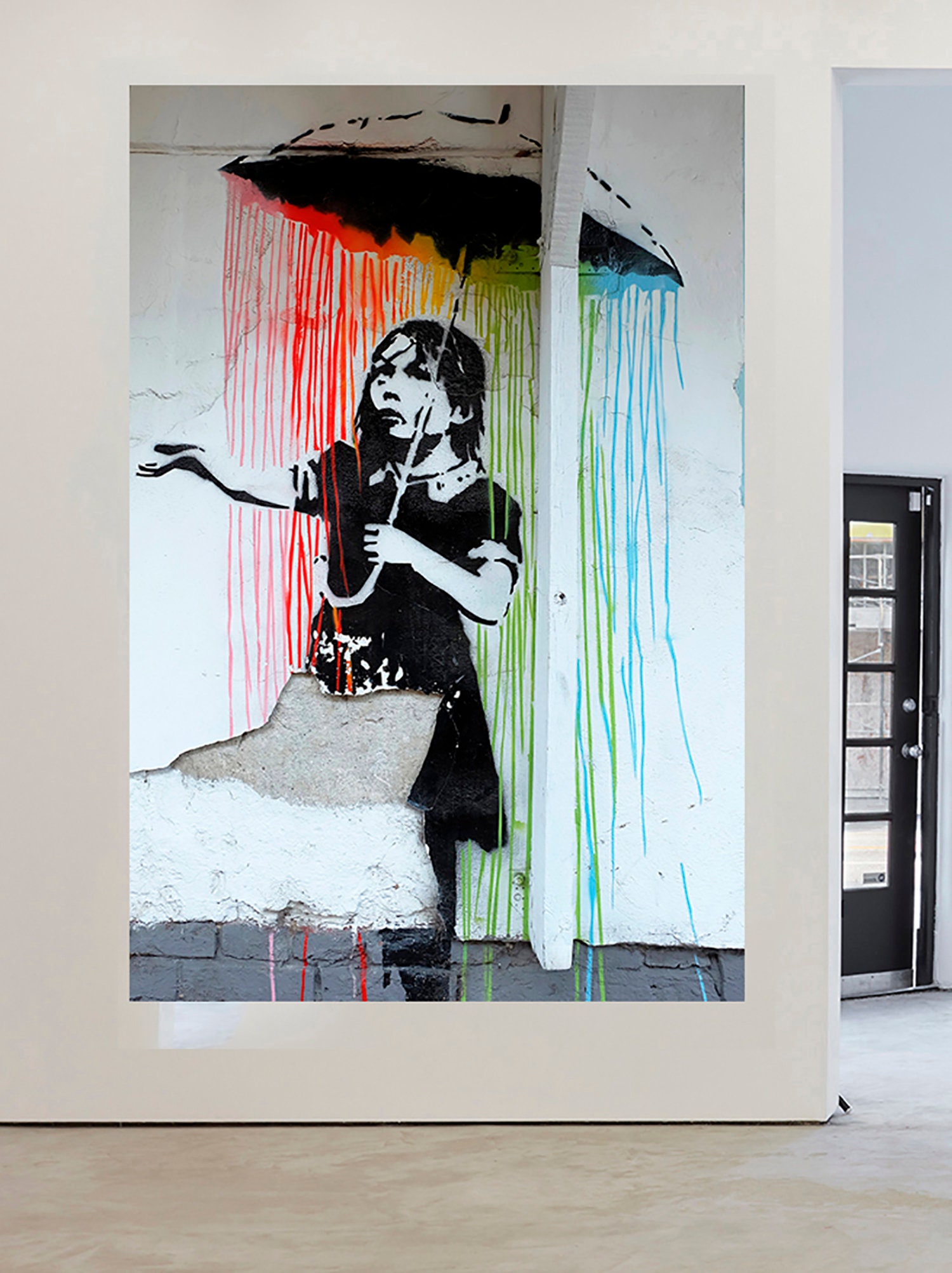 Banksy Rainbow Rain Girl Umbrella Wall Street Art Oil