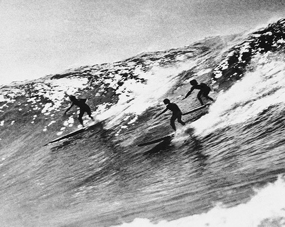 Surfing waves Vintage Art Print Poster For Glass Frame Black White long Boards