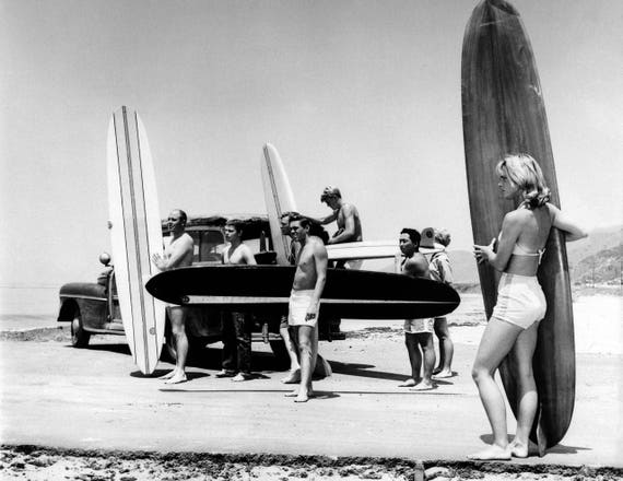Surf girls Vintage Art Print Poster For Glass Frame Black White Surfing Boards