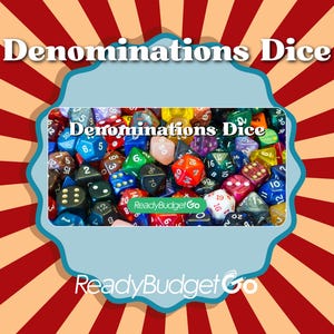 May include: A collection of multi-colored polyhedral dice featuring various numerical denominations printed on each face. The dice are displayed within a light blue scalloped frame against a red and beige sunburst background with the text Denominations Dice.