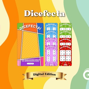 Könnte beinhalten: Farbenfrohe Spielkarten mit dem Text "Dicefecta" und "Digital Edition". Die Karten zeigen ein Comic-Design mit verschiedenen Zahlen und dem Text "Dice-based savings game for the adventuresome saver".