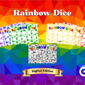 Könnte beinhalten: Digitalgrafik mit dem Text "Rainbow Dice" und mehreren farbenfrohen Spielkarten mit Würfelmotiv. Der Hintergrund zeigt ein lebendiges geometrisches Regenbogenmuster. Ein Banner lautet "Digital Edition".