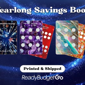 May include: A Yearlong Savings Book featuring multiple rectangular cards with various themes including fireworks, purple amethyst crystals, red hearts, marble patterns, and candy corn. Each card displays circular scratch-off areas and text.