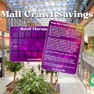 May include: Two rectangular game cards with rounded corners featuring a purple gradient background. One card is titled Retail Therapy with a grid of empty squares. The other card is titled Time for a Mall Crawl, Y'all! and contains printed instructions.