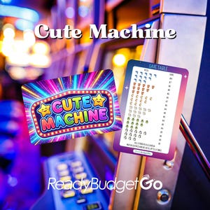 May include: Image features two cards with text and graphics. One card says "Cute Machine" in colorful letters with star accents. The other card is a "Save Table" with rows of icons. The background is a blurred casino setting.