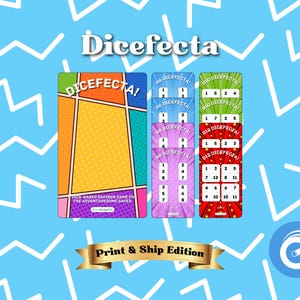 May include: Dicefecta game cards with a comic book style design. The cards are in various colors, including orange, yellow, green, and red. The text "Dicefecta" is displayed at the top. The game is described as a dice-based savings game.